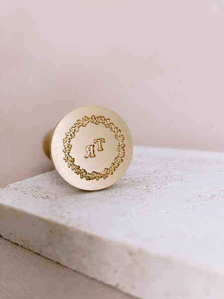 Leaf wreath monogram custom wax seal brass stamp head