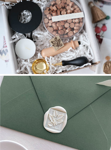 Christmas wax seal stamp kit with Christmas holly leaf wax stamp, peachy gold sealing wax beads, and melting tools, with a sample photo of a white holly berries wax seal on an olive green envelope