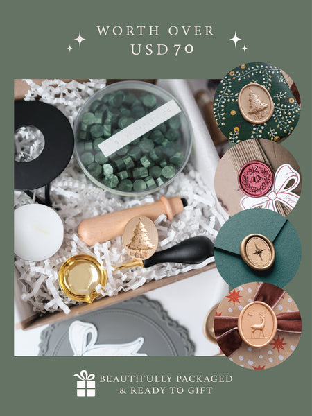 Christmas wax seal kit gift box with holiday design wax stamp, festive sealing wax beads, tools and supplies