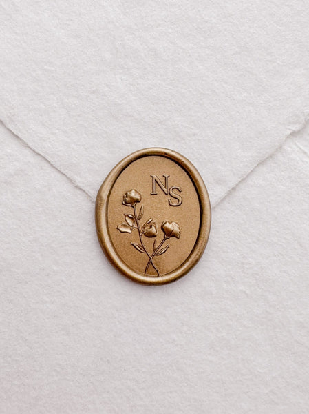 personalized monogram gold wax seal with 3D flower bouquet design