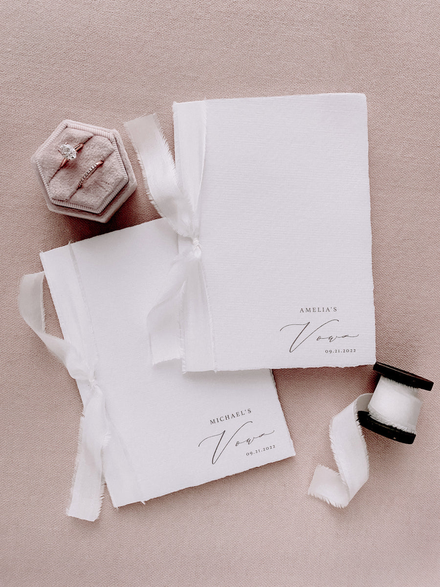 Popular 2 Handmade vow booklets, wedding booklets, his and hers, letter pressed with chiffon ribbon