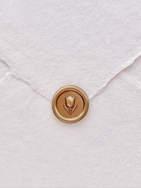 flower emoji mini gold wax seal on white handmade paper envelope