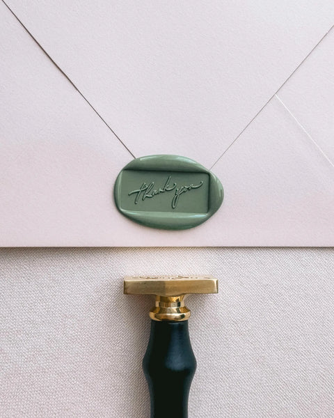 green rectangular calligraphy script thank you wax seal