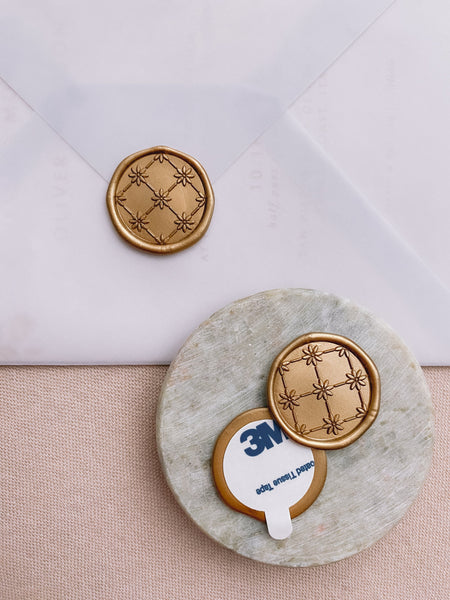 Daisies symmetrical pattern gold wax seals with 3m sticker on small gray stone dish