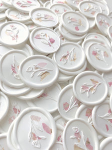 Blush pink flower petals oval wax seals in white