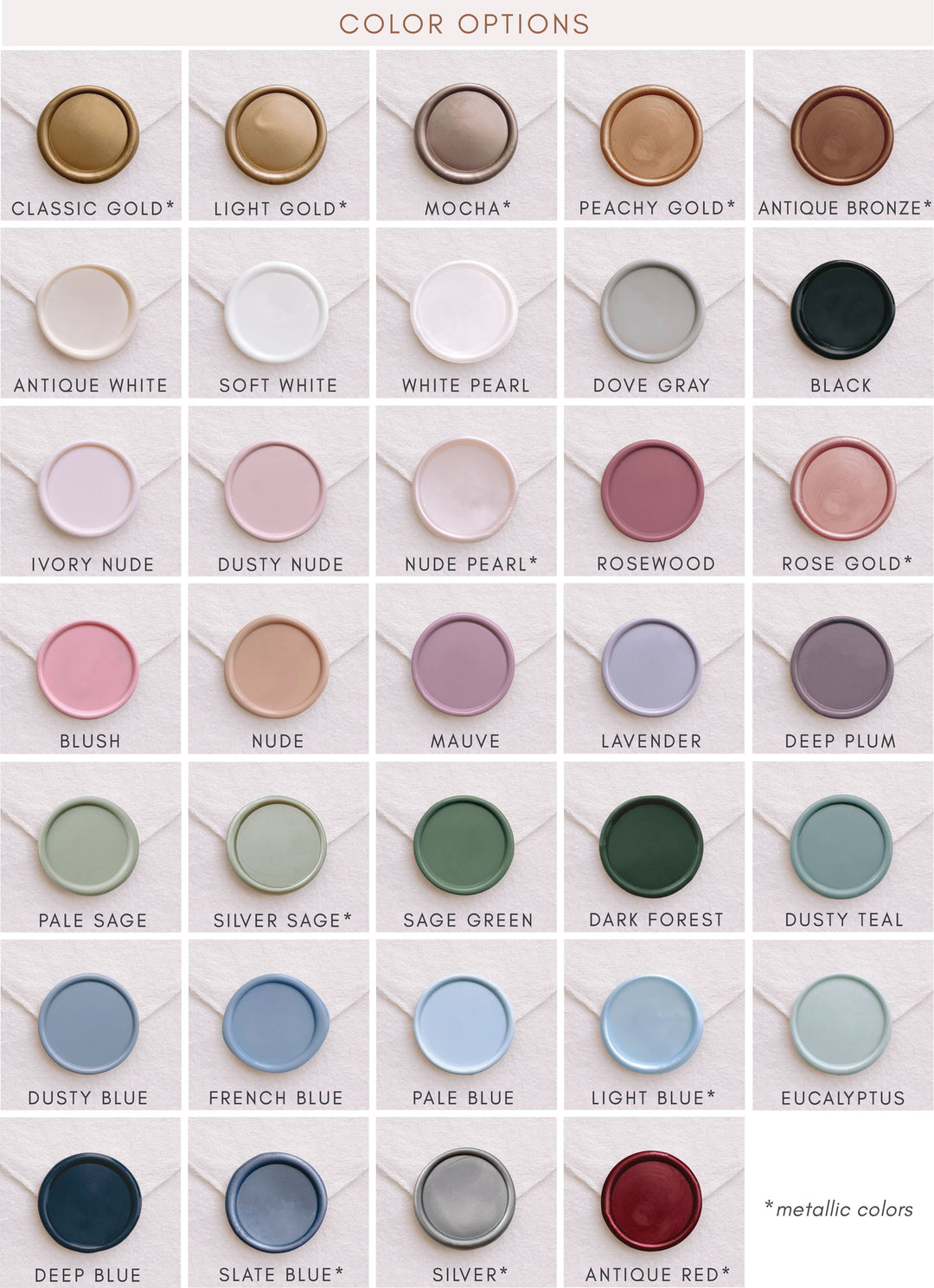 Pre-made wax seal stickers wax color options chart