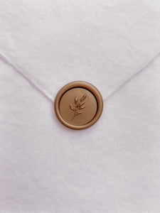 Mini 3D leaf wax seal in gold on white handmade paper envelope