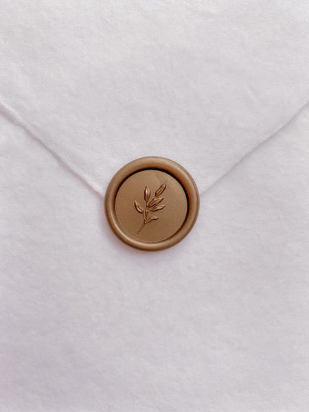 Mini 3D leaf wax seal in gold on white handmade paper envelope