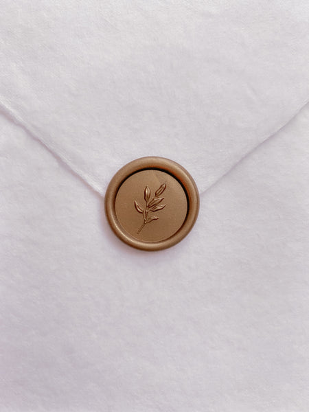 Mini 3D leaf wax seal in gold on white handmade paper envelope