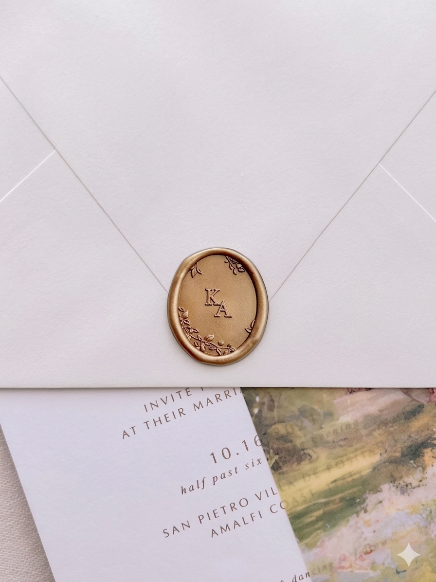 Gold botanical monogram wax seal personalized with initials on a beige envelope over a wedding invitation card and watercolor vellum jacket