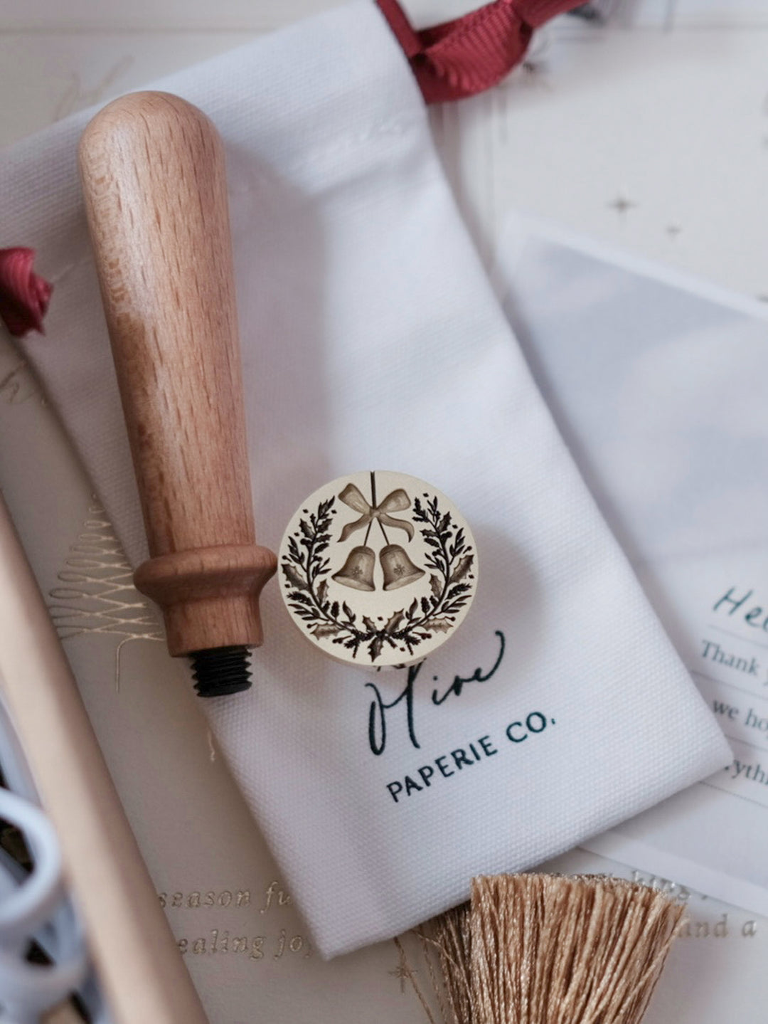 Christmas wreath and a bow and jingle bells design wax seal stamp head and a wooden handle