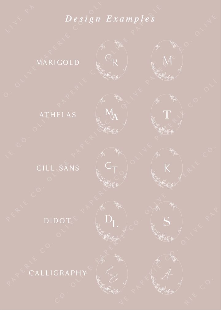 Custom monogram wax seal design examples of different font options 