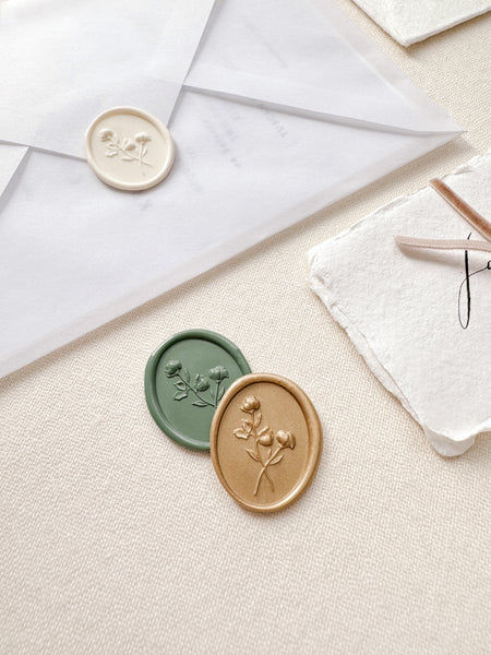 Oval 3D floral wax seals in color off-white, sage green and peachy gold