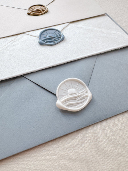 3D sun and ocean waves wax seals in various colors - white pearl, dusty blue and gold