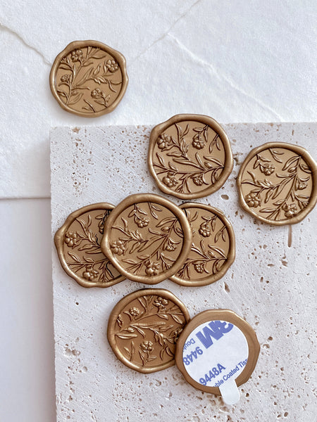 Floral wax seals with 3D engraving and 3M stickers in gold