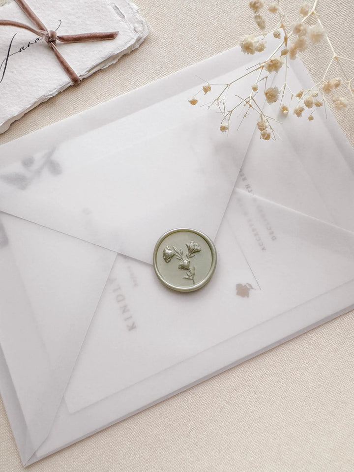 light sage 3D floral wax seal on vellum wedding initiation envelope