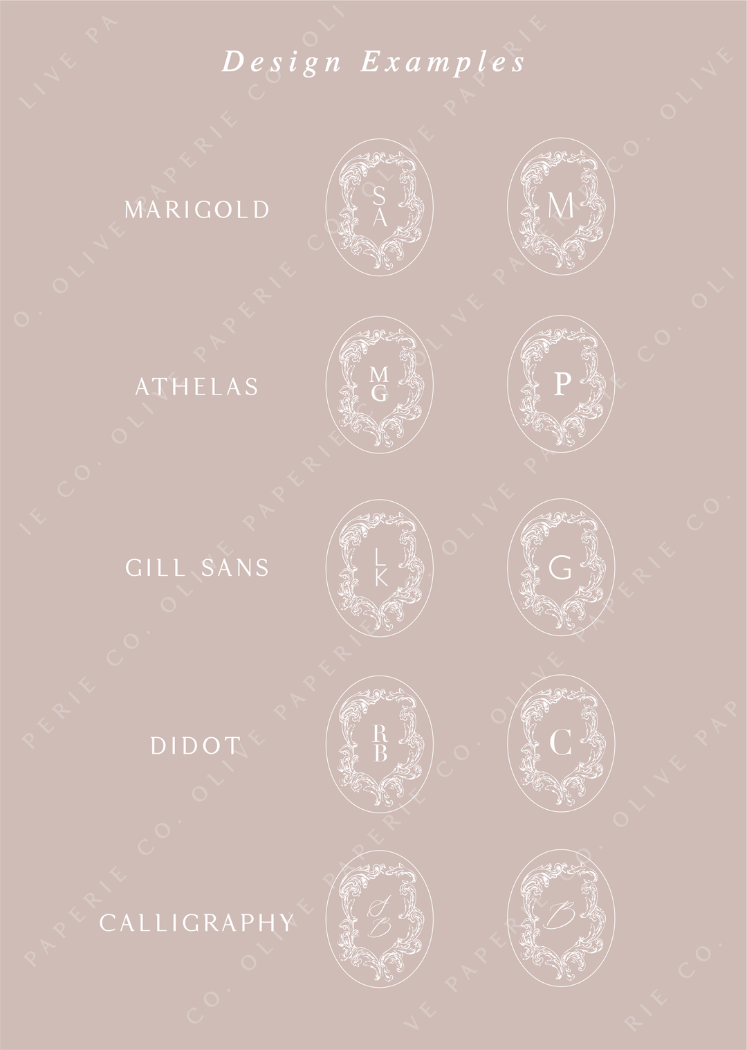 Personalized monogram wax seal stickers design examples featuring custom initials in different fonts