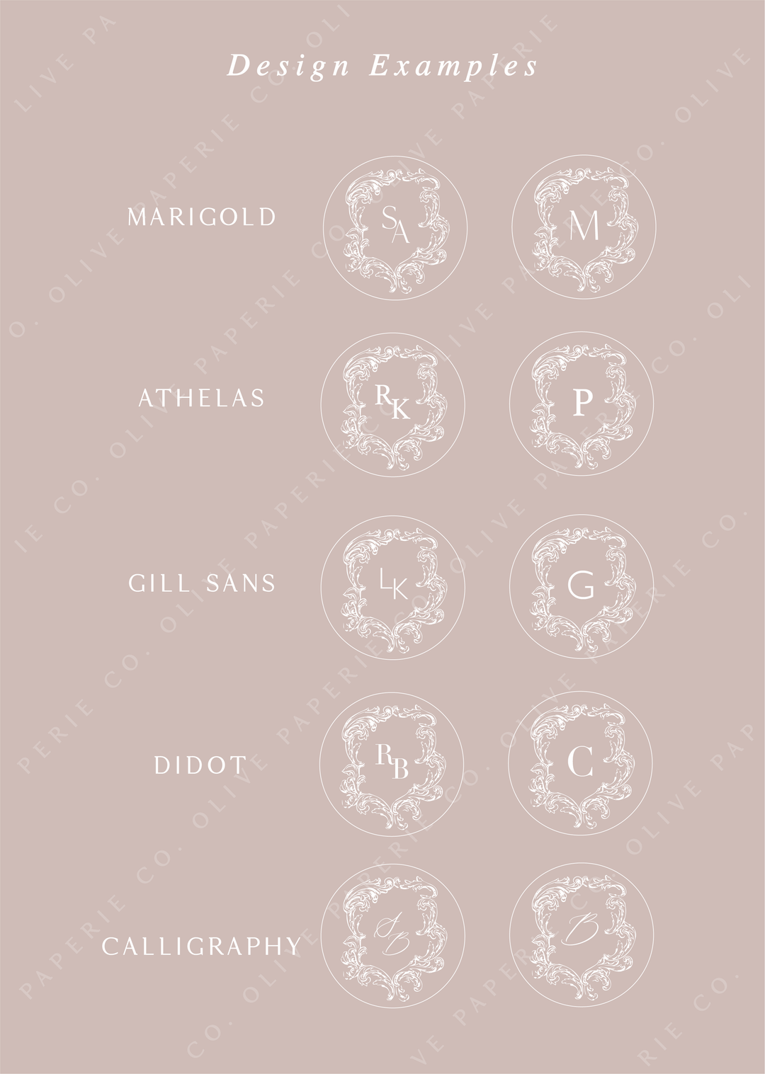 Personalized monogram wax seal stickers design examples featuring custom initials in different fonts