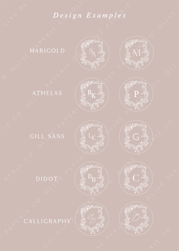 Personalized monogram wax seal stickers design examples featuring custom initials in different fonts