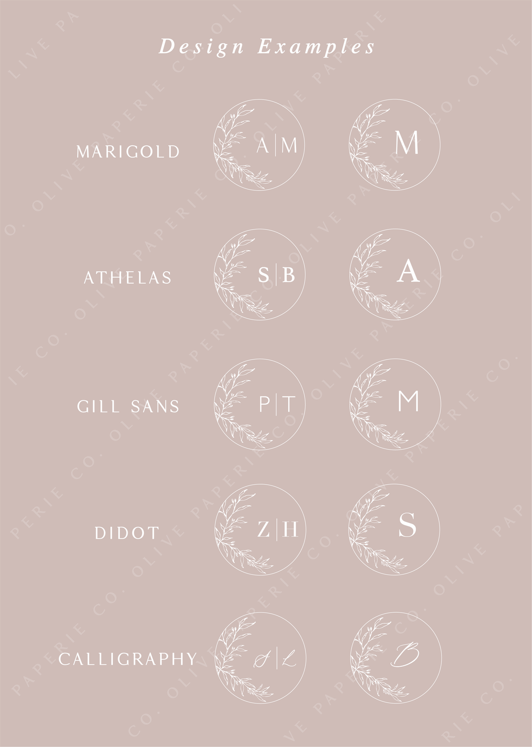 Personalized monogram wax seal stickers design examples featuring custom initials in different fonts