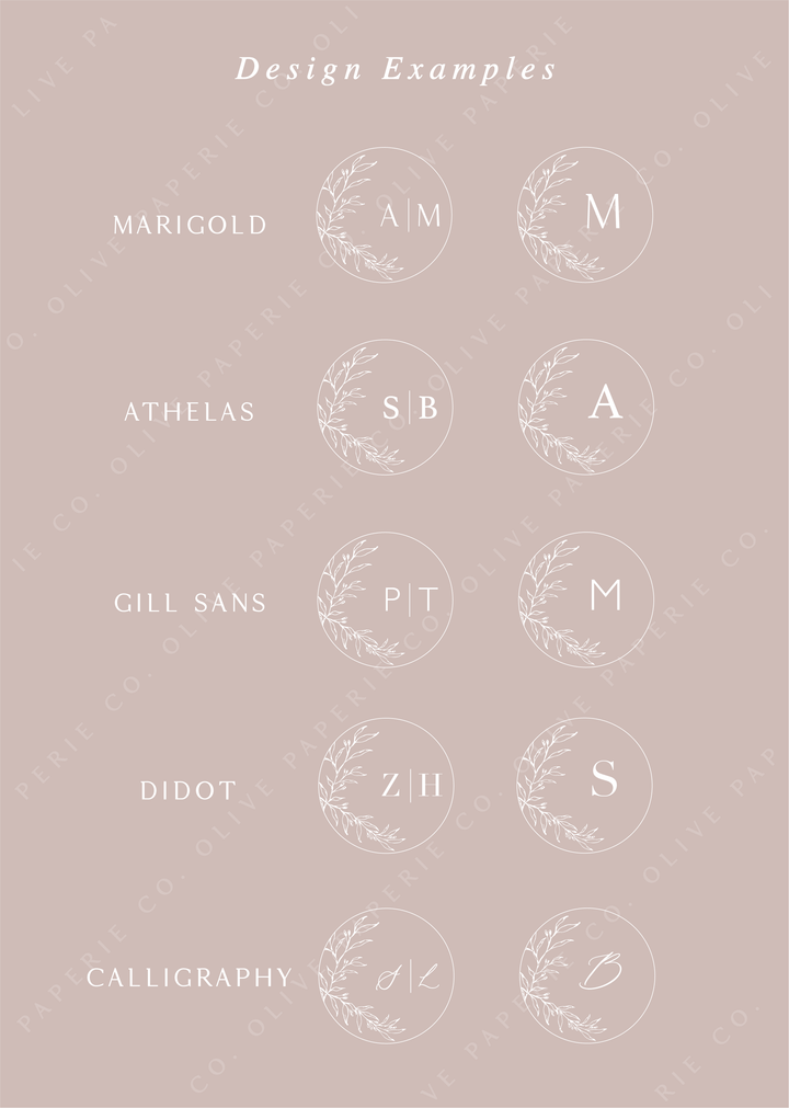 Personalized monogram wax seal stickers design examples featuring custom initials in different fonts