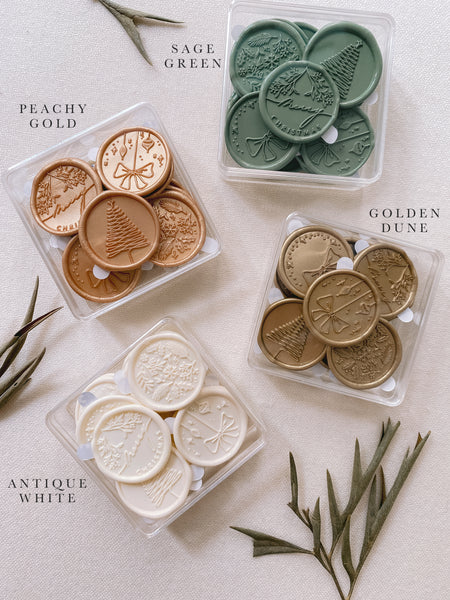 4 clear boxes of Christmas wax seal stickers  in Antique White, Sage Green, Golden Dune, Peachy Gold