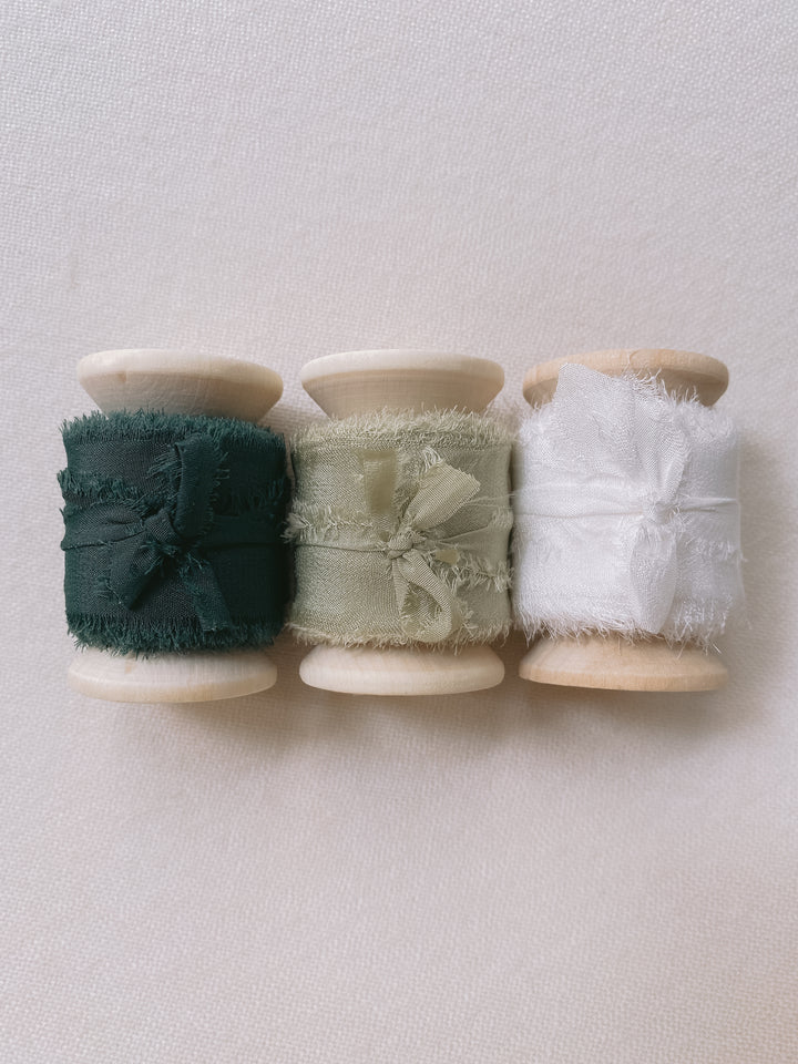 Christmas Silk Ribbons in Dark Green, Sage and White