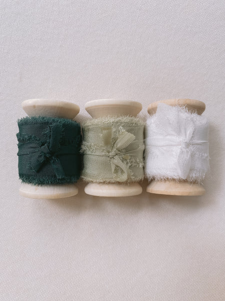 Christmas Silk Ribbons spools in Dark Green, Sage and White front view