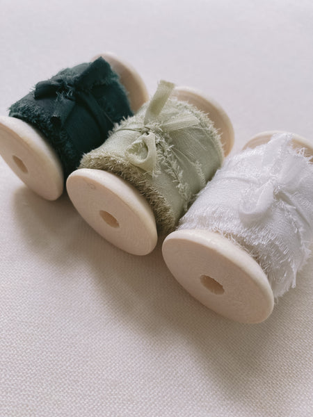 Christmas Silk Ribbons in Dark Green, Sage and White Side View
