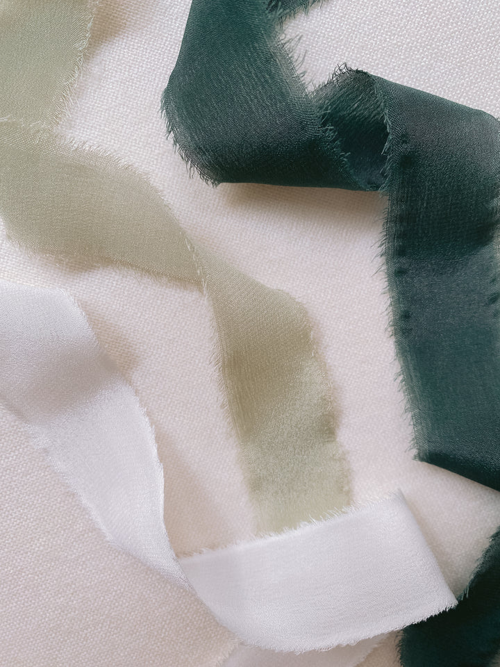 dark green, sage green and white silk ribbons 
