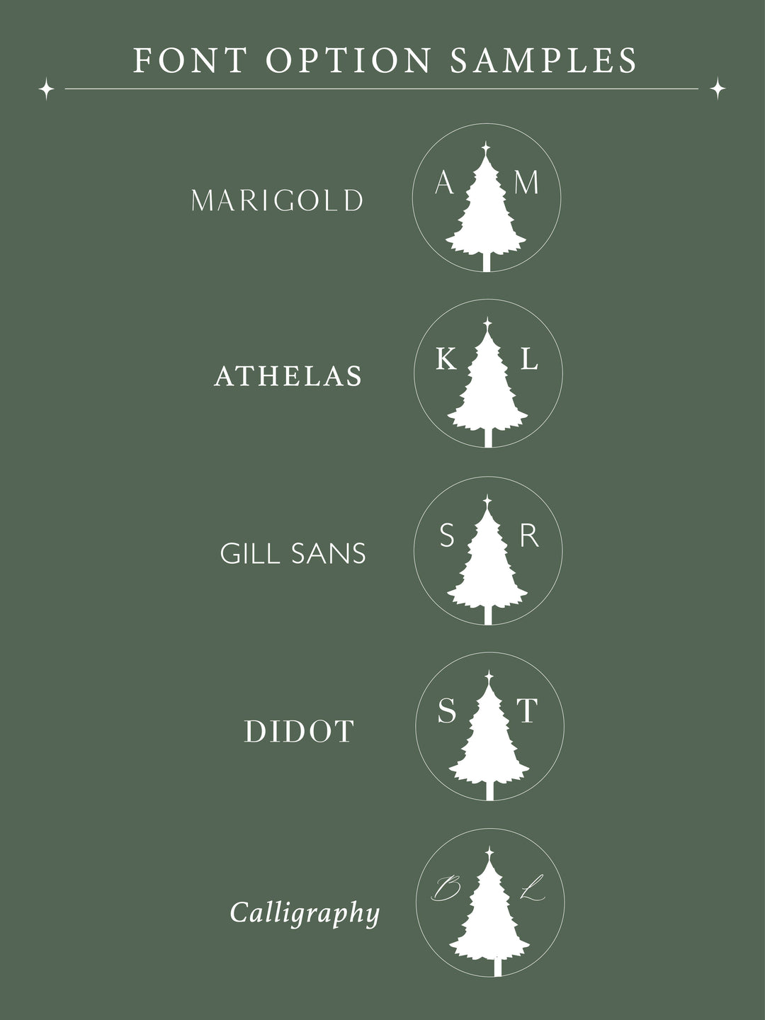 Christmas tree wax seal design samples for each font option