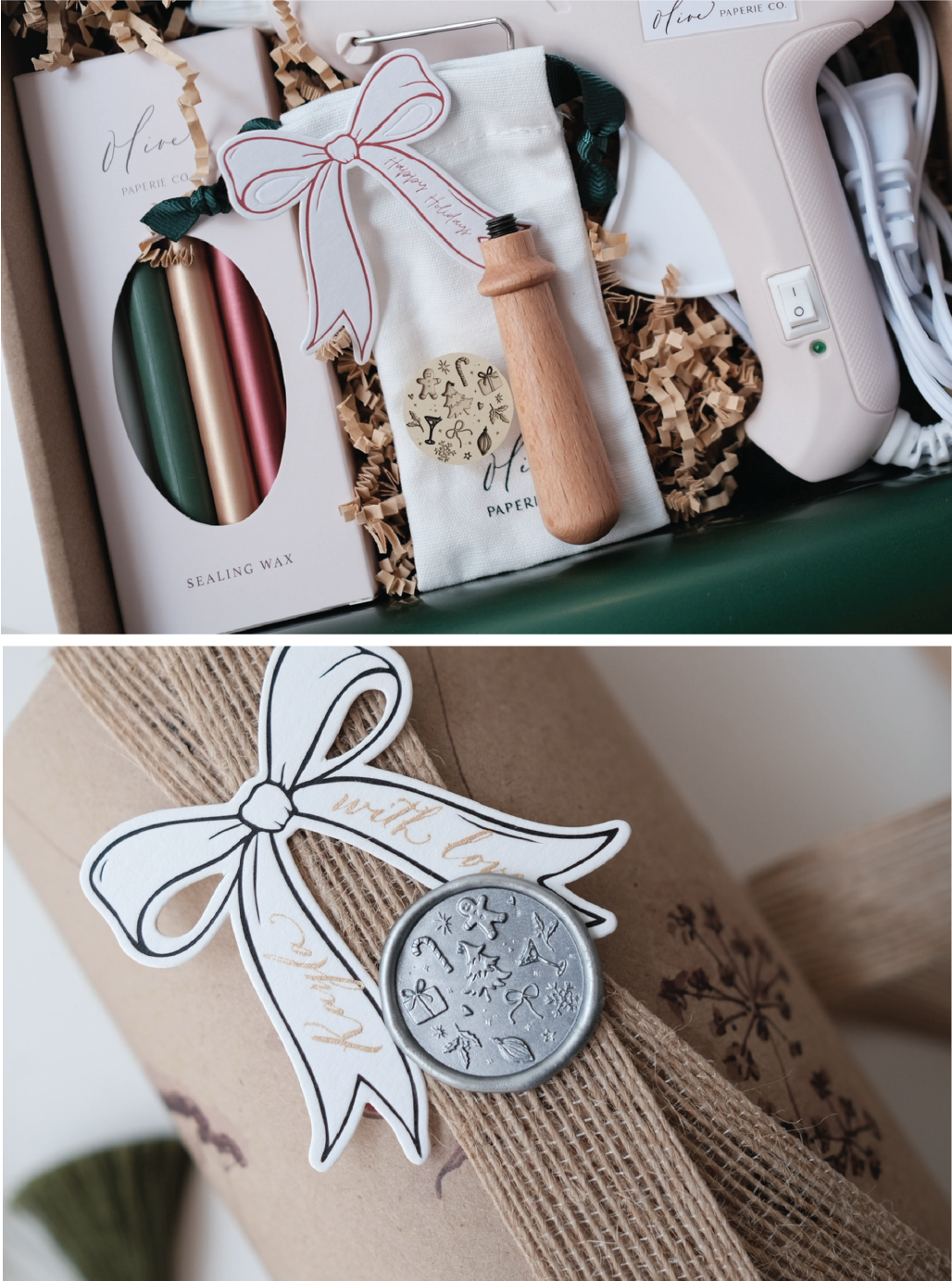 Holiday wax seal kit with a festive wax stamp, hot glue gun, wooden handle, and festive colored sealing wax sticks, a silver festive design wax seal on a wrapped Christmas gift