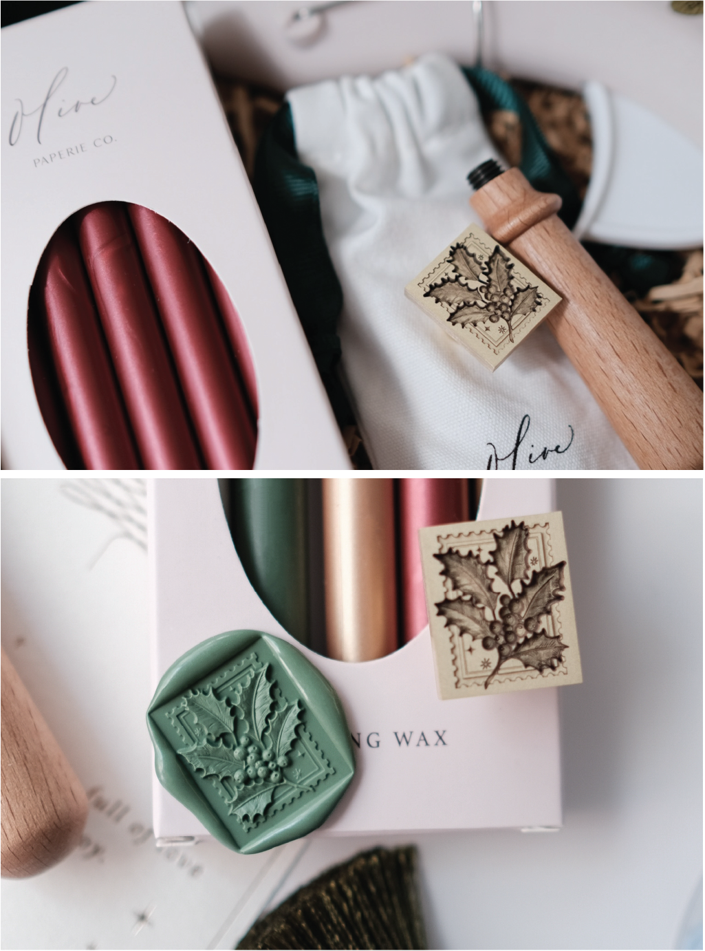 Christmas wax seal kit with a holly leaf wax stamp, glue gun, wooden handle, red sealing wax sticks, a green Christmas holly rectangular wax seal 