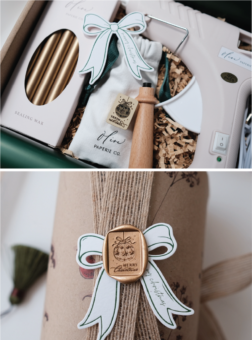 Ornament Merry Christmas wax seal kit with a wax stamp, glue gun, wooden handle, gold sealing wax sticks, a gold Merry Christmas  wax seal on a wrapped Christmas gift