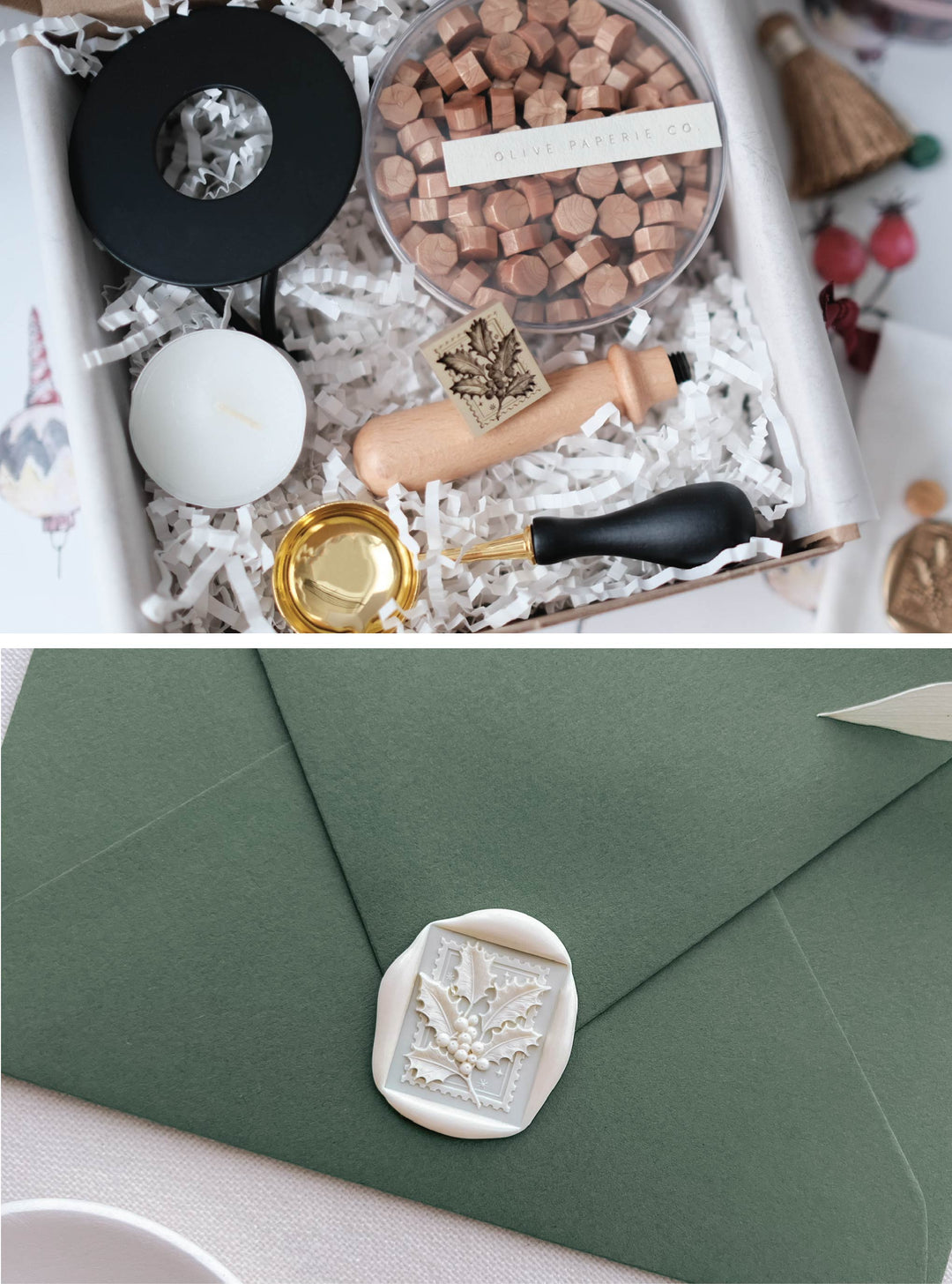 Christmas wax seal stamp kit with Christmas holly leaf wax stamp, peachy gold sealing wax beads, and melting tools, with a sample photo of a white holly berries wax seal on an olive green envelope
