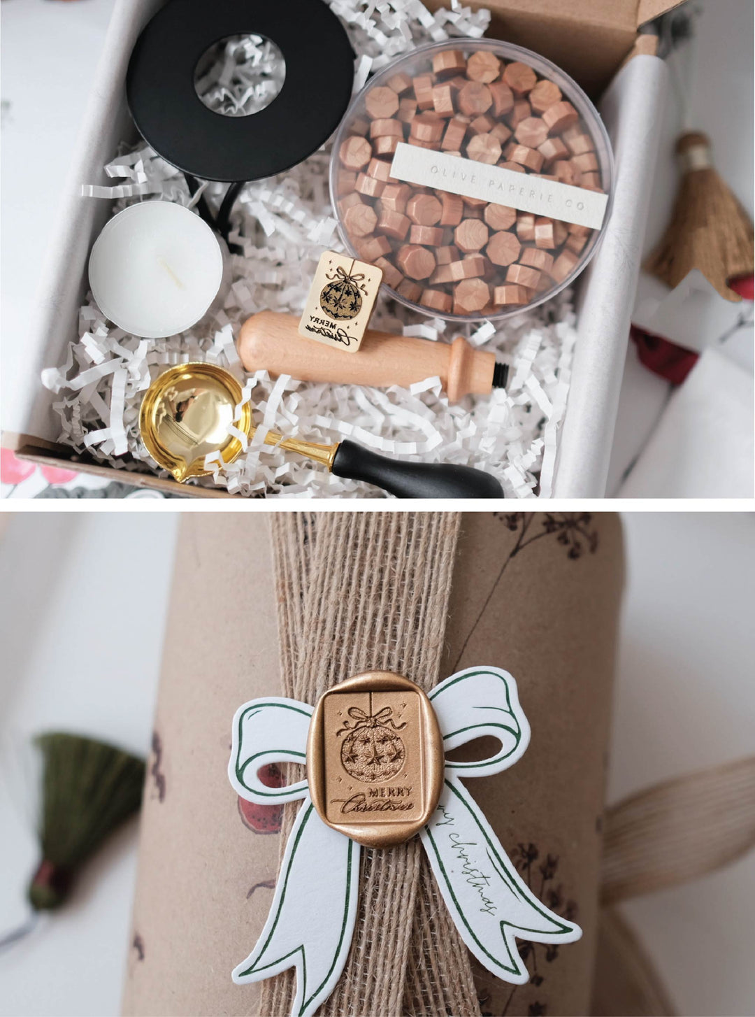 Christmas wax seal kit with Merry Christmas ornament wax stamp, peachy gold sealing wax beads, and melting tools 