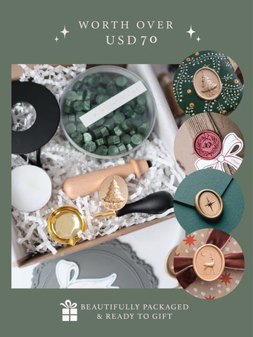 Christmas wax seal kit gift box with holiday design wax stamp, festive sealing wax beads, tools and supplies