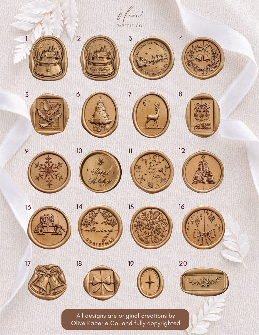 Christmas wax seal stamp collection including designs like snow globes, Santa sleigh, Christmas wreath, holly, Christmas tree, reindeer, snowflake, jingle bells, North Star, gift bow and more.