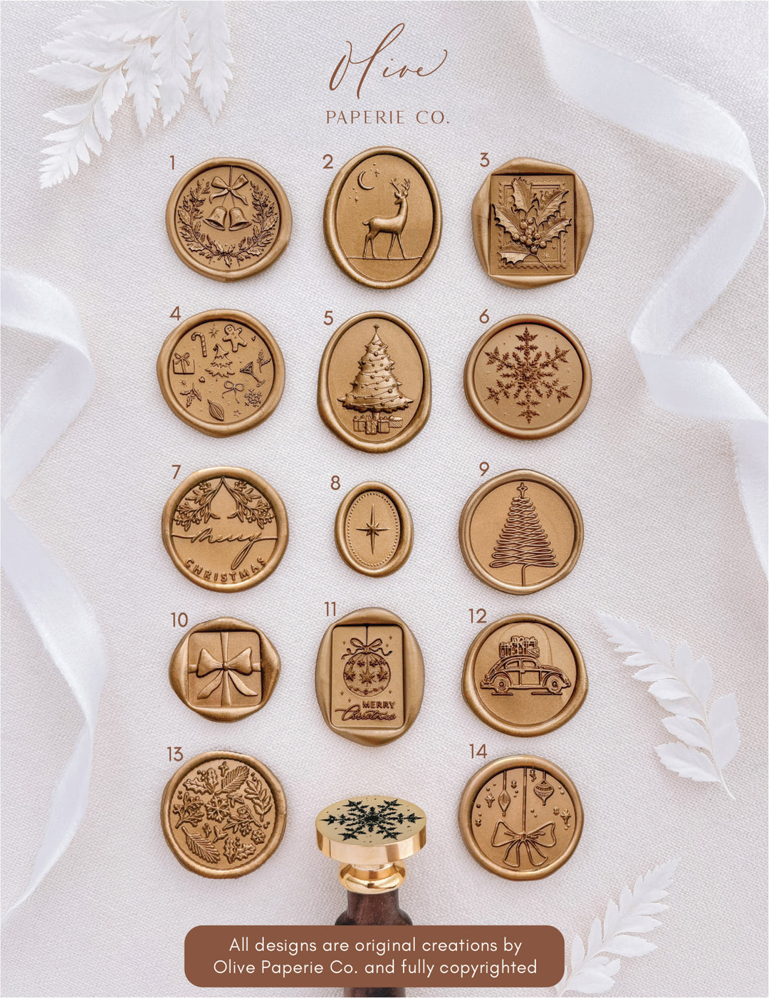 Collection of Christmas wax seal designs on a white background