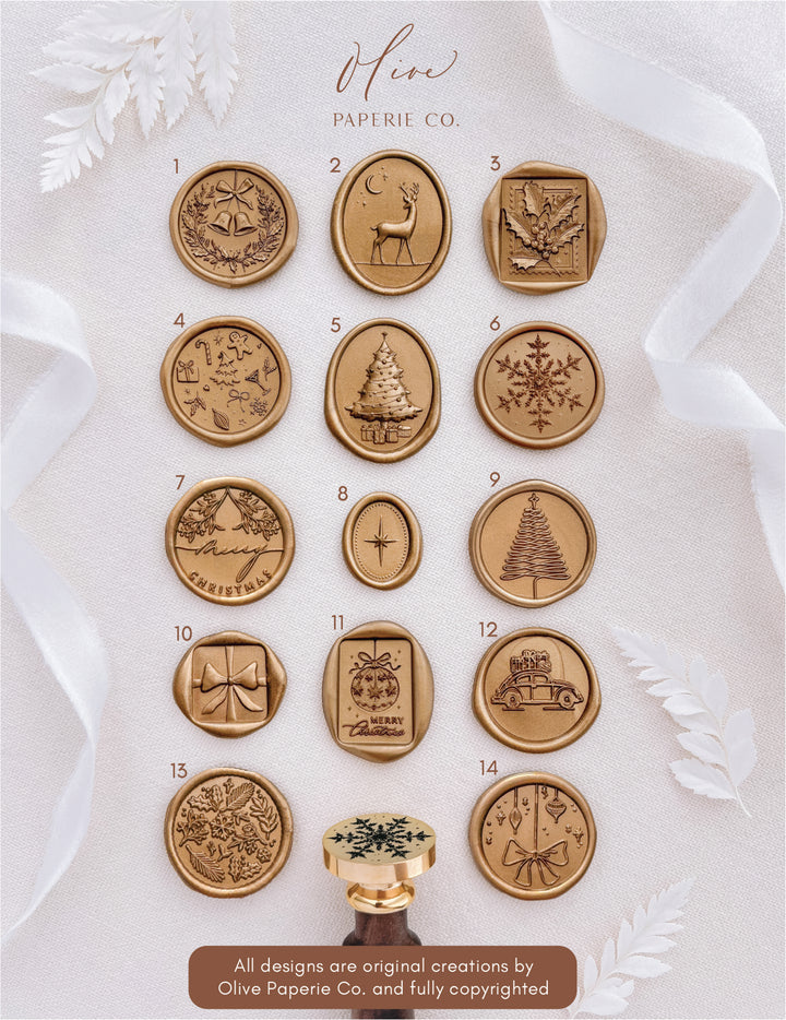 Collection of Christmas wax seal designs on a white background