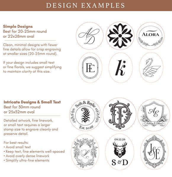 Wax seal design examples of monograms and logos with text guidance on size and complexity.