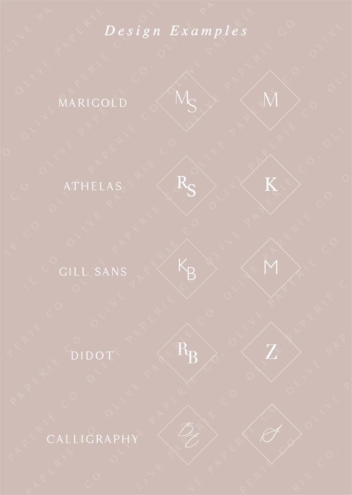 Personalized monogram wax seal stickers design examples featuring custom initials in different fonts