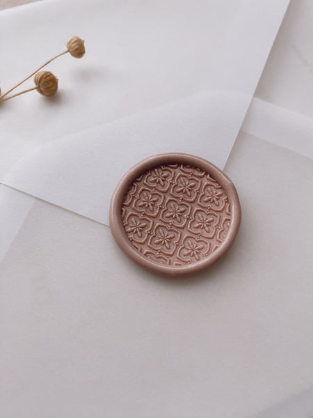nude brown Moroccan tile pattern wax seal on vellum envelope_closeup side angle