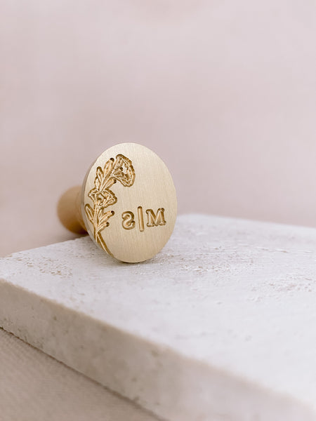 Oval floral monogram custom wax seal brass stamp head