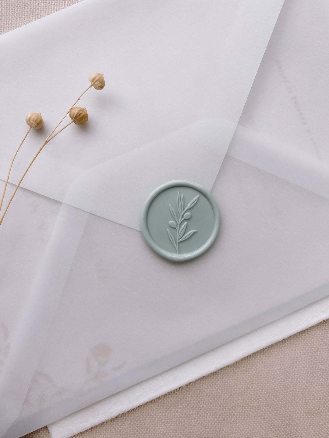 Olive branch wax seal in mint color on vellum envelope_side angle