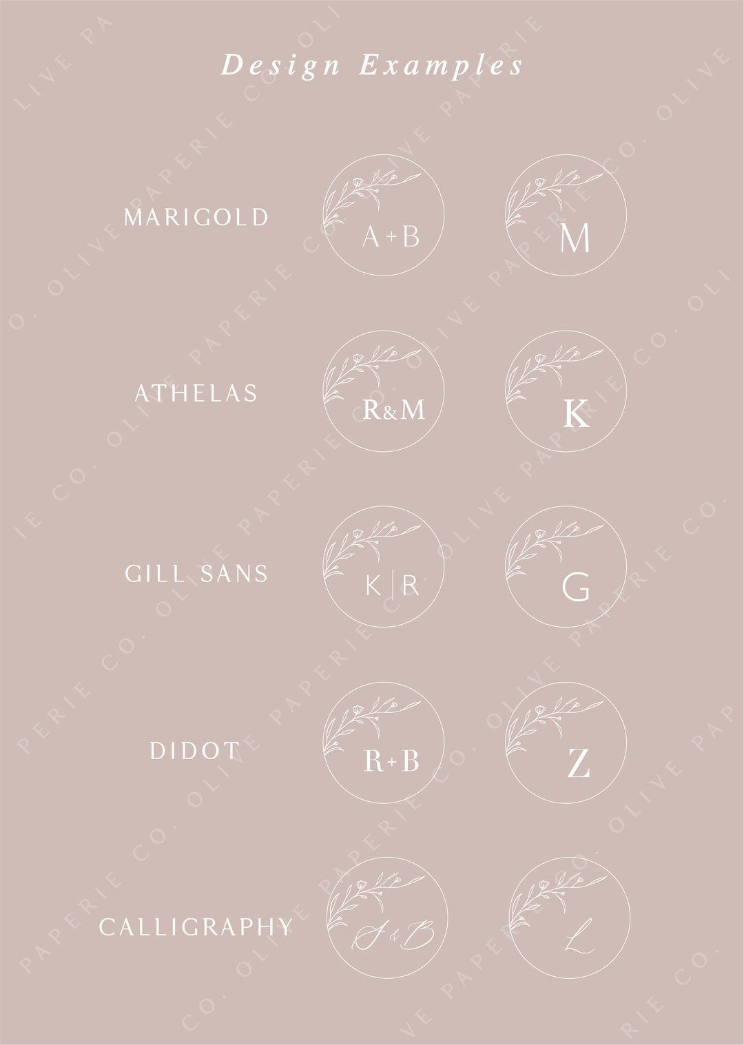 Personalized monogram wax seal stickers design examples featuring custom initials in different fonts