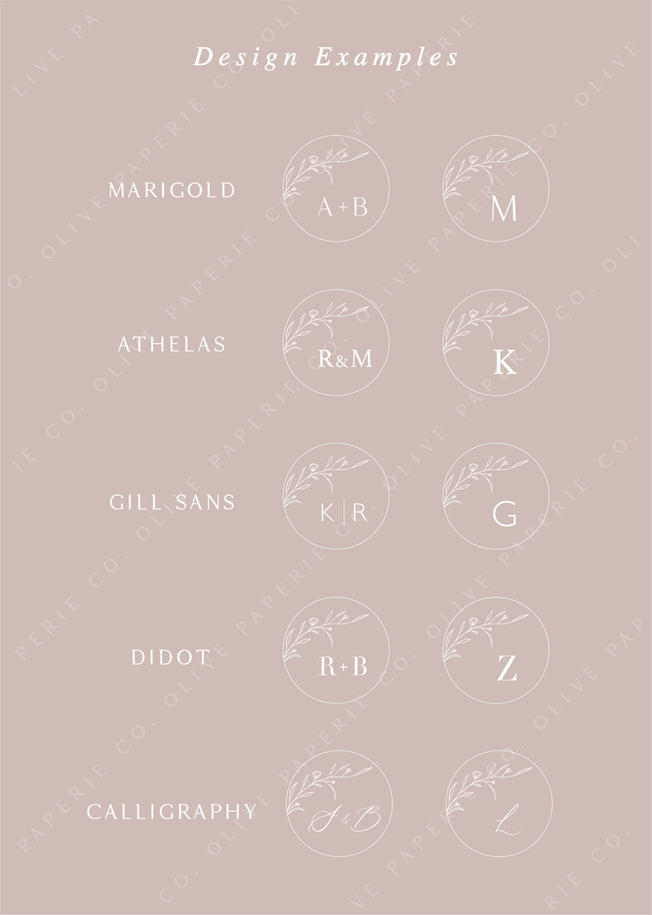 Personalized monogram wax seal stickers design examples featuring custom initials in different fonts