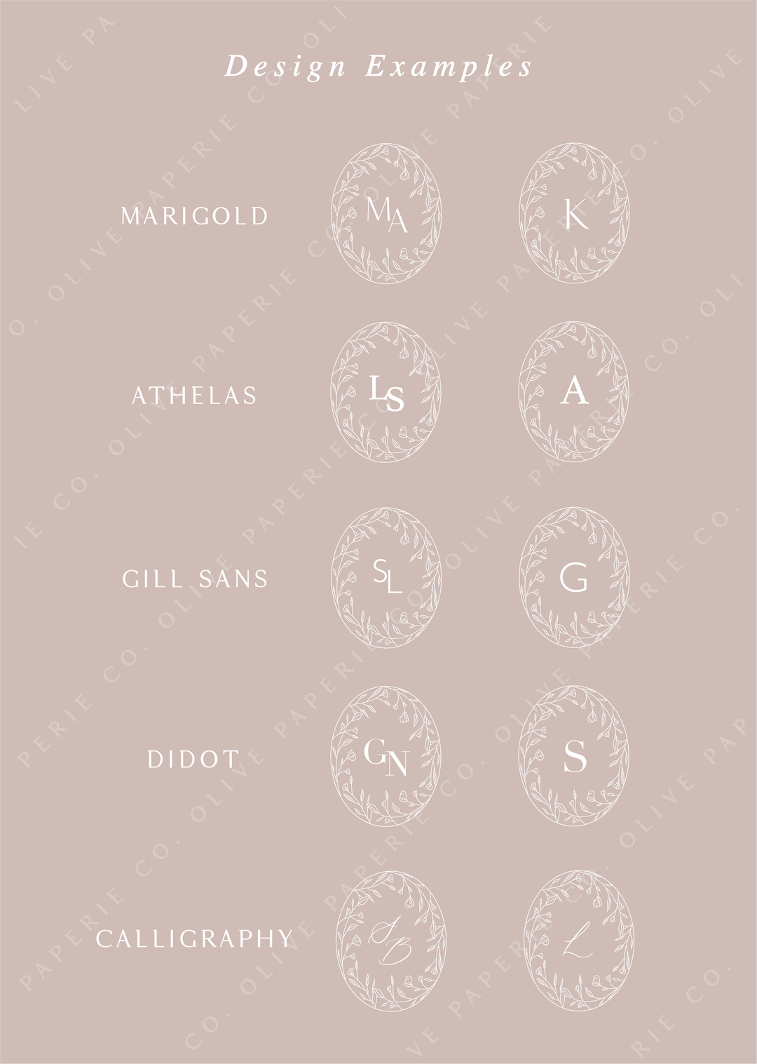 Personalized monogram wax seal stickers design examples featuring custom initials in different fonts