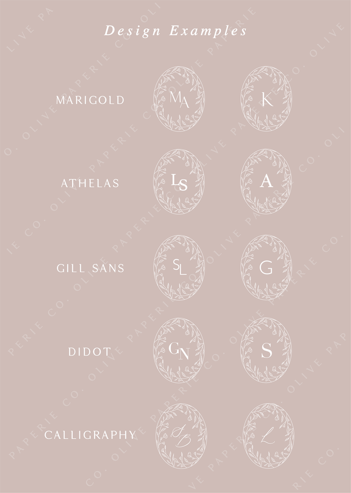 Personalized monogram wax seal stickers design examples featuring custom initials in different fonts