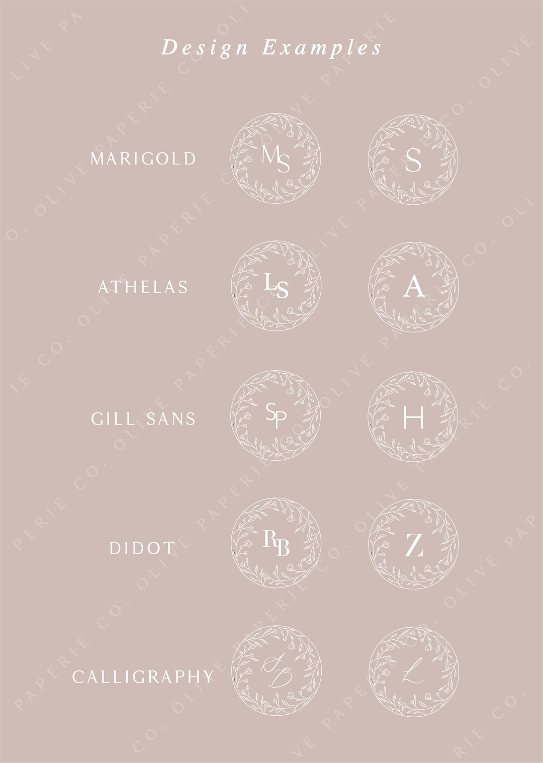 Personalized monogram wax seal stickers design examples featuring custom initials in different fonts